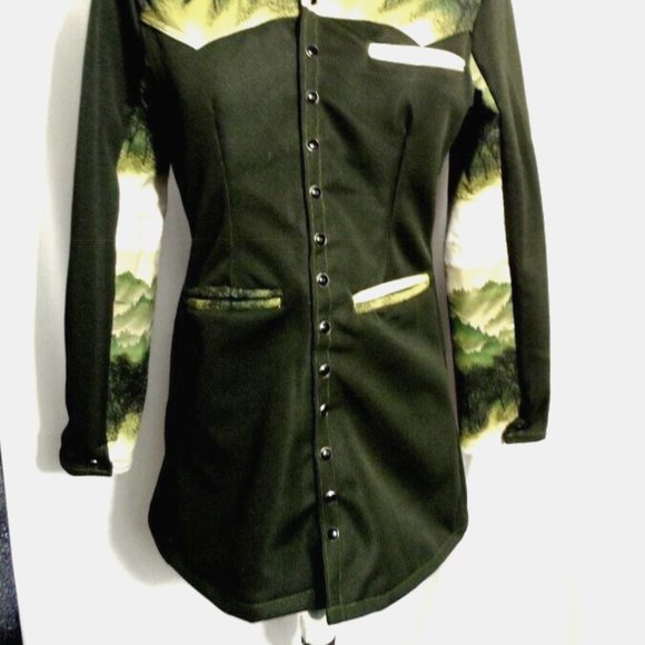 Western Snap up Shirt Jacket XS Olive green Trees moss woods design Overcoat - Picture 2 of 8